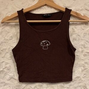 SHEIN Brown Ribbed Tank Top with Rhinestone Mushroom Design